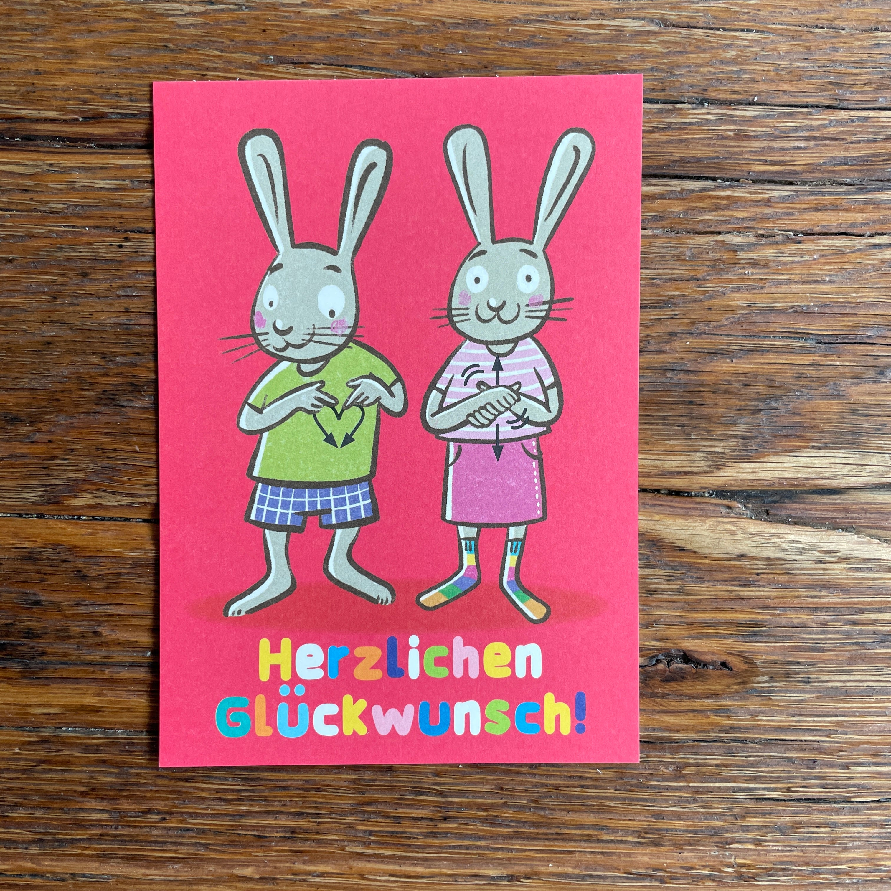 Herzlichen Glückwunsch - Postkarte mit Gebärden