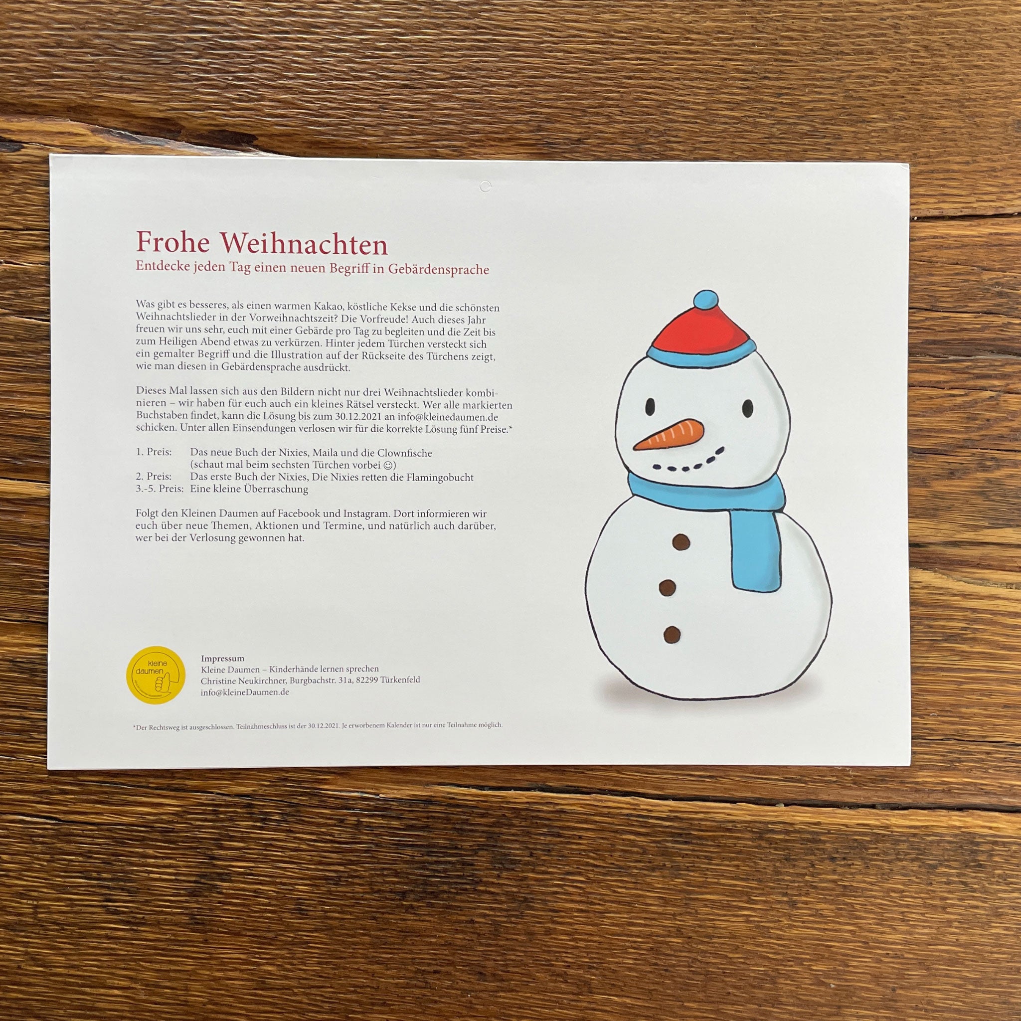 Für Familien-Adventskalender Gebärdensprache 2022 aus Papier Kleine Daumen